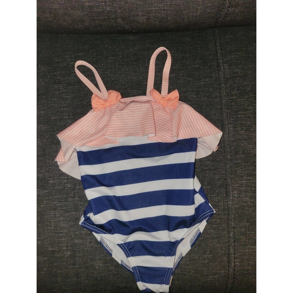 Swimsuit 3t Blue And White Stripe With Peach Ruffle With Bow